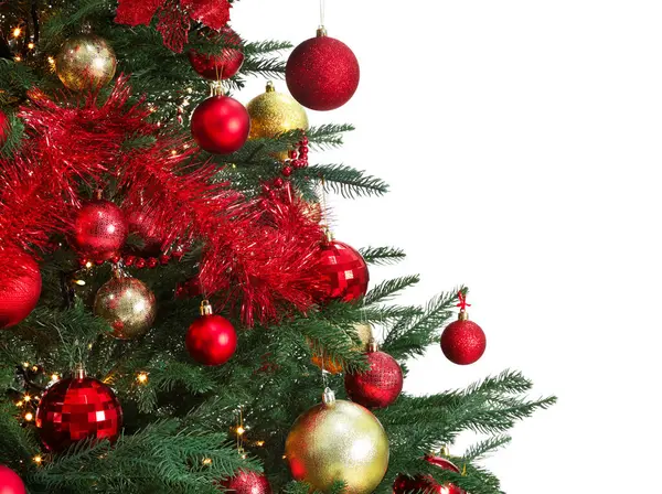Όμορφο Χριστουγεννιάτικο Δέντρο Διακοσμημένο Στολίδια Και Γιρλάντα Απομονωμένη Λευκό — Φωτογραφία Αρχείου