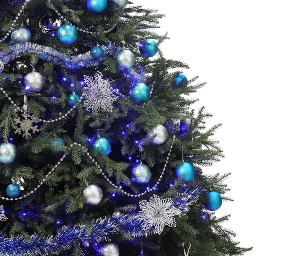 Όμορφο Χριστουγεννιάτικο Δέντρο Διακοσμημένο Στολίδια Και Εορταστικά Φώτα Που Απομονώνονται — Φωτογραφία Αρχείου