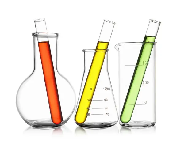 Glass Flasks Beaker Test Tubes Colorful Liquids Isolated White — Stock Photo, Image