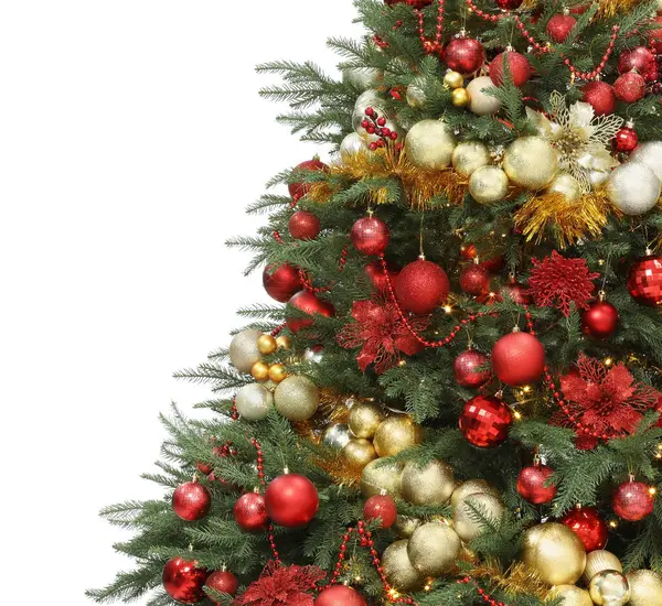 Süs Çelenkle Süslenmiş Güzel Noel Ağacı Beyaza Izole Edilmiş — Stok fotoğraf