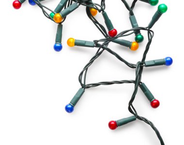 Beyaz arka planda Noel ışıkları. Şenlikli dekorasyon