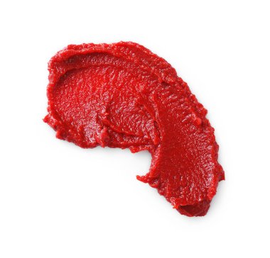 Lezzetli domates ezmesi beyaza izole edilmiş, üst manzara