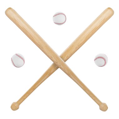 Beyzbol topları ve iki çapraz tahta yarasa beyazlar üzerinde izole edilmiş.