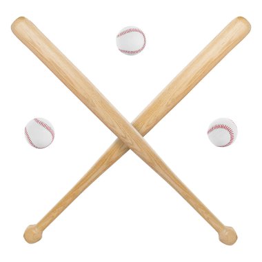 Beyzbol topları ve iki çapraz tahta yarasa beyazlar üzerinde izole edilmiş.