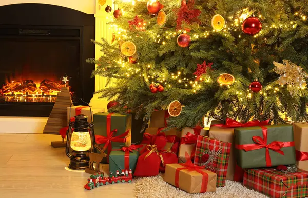 Many Gift Boxes Decorative Elements Christmas Tree Fireplace Home — Stock Photo, Image
