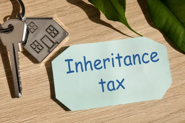 Inheritance Tax. Card, key with key chain in shape of house on wooden table, closeup