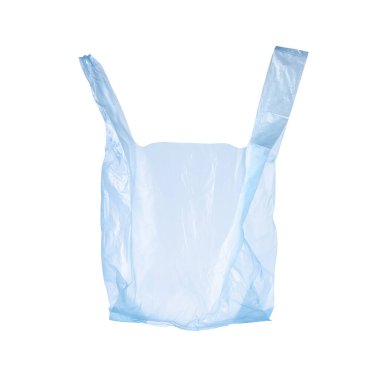 Bir açık mavi plastik çanta beyaza izole edilmiş.
