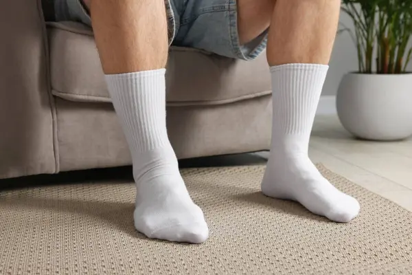 Man in stylish white socks in armchair indoors, closeup