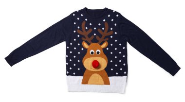 Koyu mavi Noel süveteri. Ren geyikleri beyaz, üst manzara.