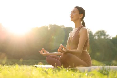 Güzel genç bir kadın yoga minderinde Padmasana egzersizi yapıyor. Düşük açılı görüş ve mesaj için yer. Lotus pozu