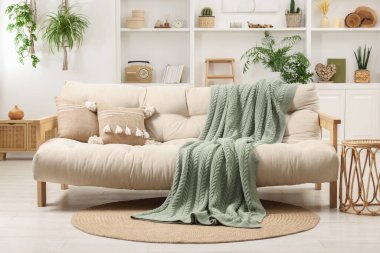 Rahat kanepe, battaniye ve sehpası olan şık bir oturma odası.