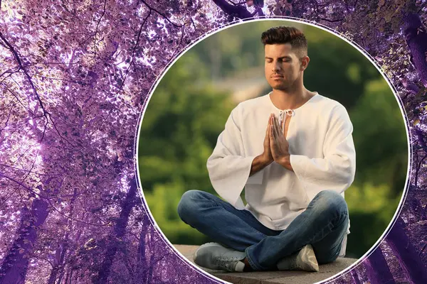 Man meditating outdoors and many trees on background, color tone effect