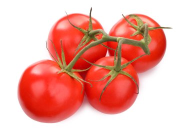 Branch of red ripe tomatoes isolated on white, top view