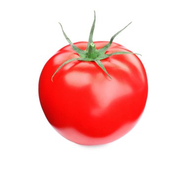 Bir kırmızı olgun domates beyaza izole edilmiş.