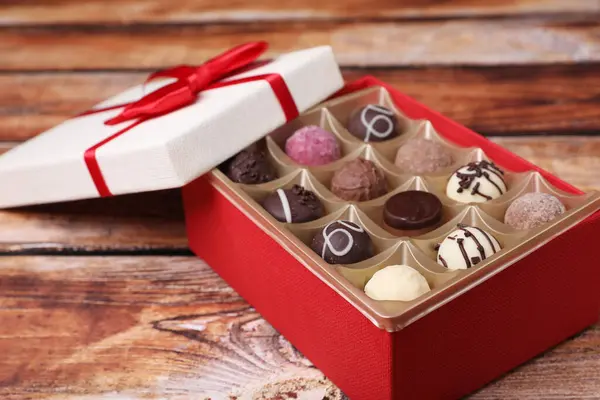 Red Box Tasty Chocolate Candies Wooden Table Closeup Stock Image
