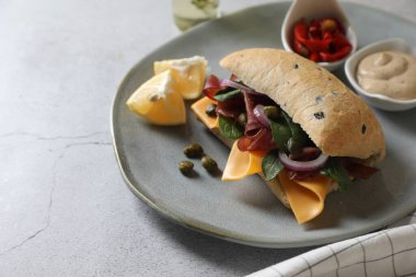 Açık gri masada servis edilen Bresaola, peynir ve soğanlı lezzetli sandviç.