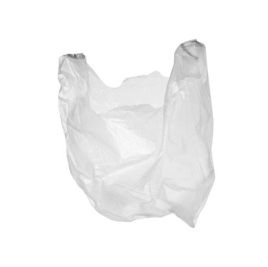 Beyaza izole edilmiş boş bir plastik torba.