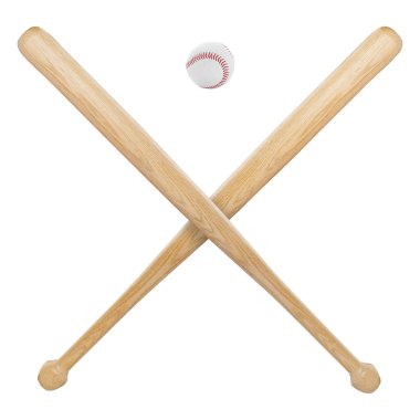 Beyzbol topu ve iki çapraz tahta yarasa.