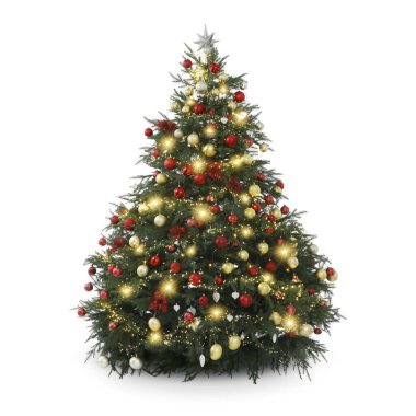 Süslerle süslenmiş Noel ağacı ve beyaz üzerine izole edilmiş neşeli ışıklar.