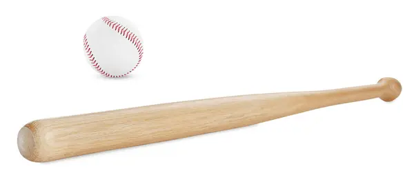 Drewniany Kij Baseballowy Skórzana Piłka Izolowane Białym — Zdjęcie stockowe