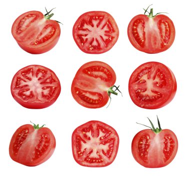 Taze olgun domatesleri kes beyazda izole et, set