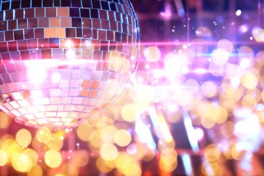 Parlak arkaplanda parlak disko topu bulanık ışıklar, bokeh etkisi