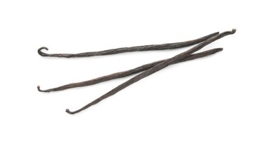 Birçok aromatik vanilya kabuğu beyaz, üst görünümde izole