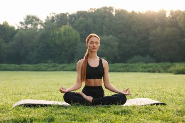 Güzel genç bir kadın yoga minderinde Padmasana egzersizi yapıyor. Lotus pozu