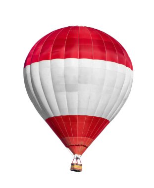 Beyaz arka planda hasır sepeti olan parlak sıcak hava balonu
