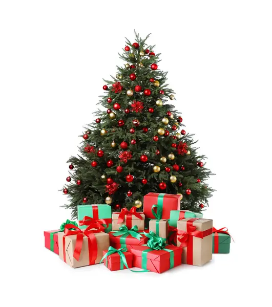 Schöner Weihnachtsbaum Mit Vielen Geschenkboxen Unter Auf Weißem Hintergrund lizenzfreie Stockfotos