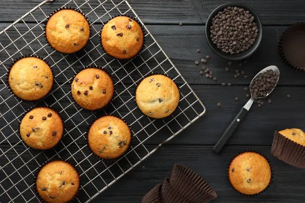 Leckere Frisch Gebackene Muffins Mit Schokoladenstücken Auf Dunkelgrauem Holztisch Flach — Stockfoto