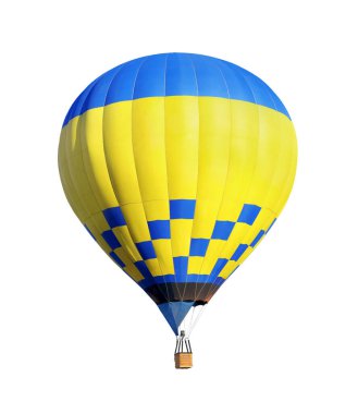 Beyaz arka planda hasır sepeti olan parlak sıcak hava balonu