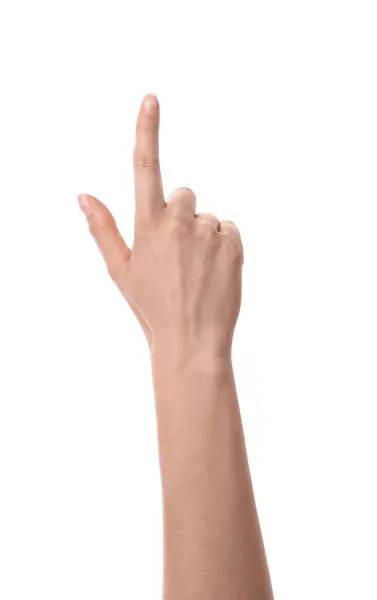 stock image Woman pointing with index finger on white background, closeup