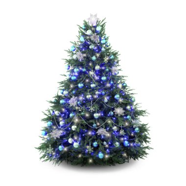 Süslerle süslenmiş Noel ağacı ve beyaz üzerine izole edilmiş neşeli ışıklar.