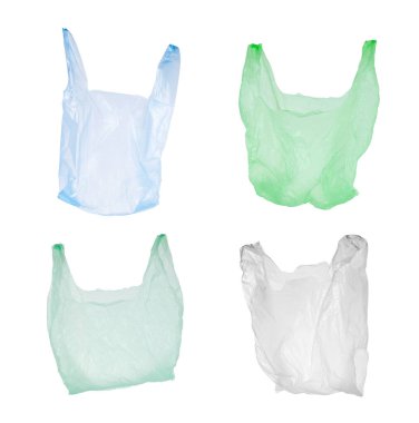 Beyaz arkaplanda boş plastik torbalar, koleksiyon