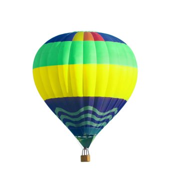 Beyaz arka planda hasır sepeti olan parlak sıcak hava balonu
