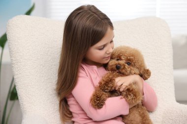 Koltuğunda şirin bir köpek yavrusu olan küçük bir çocuk. Sevimli hayvan