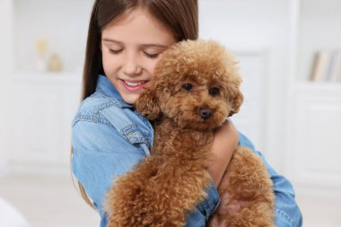 Evinde şirin bir köpek yavrusu olan küçük bir çocuk. Sevimli hayvan