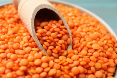 Çiğ kırmızı mercimek ve kapta kepçe, yakın plan.