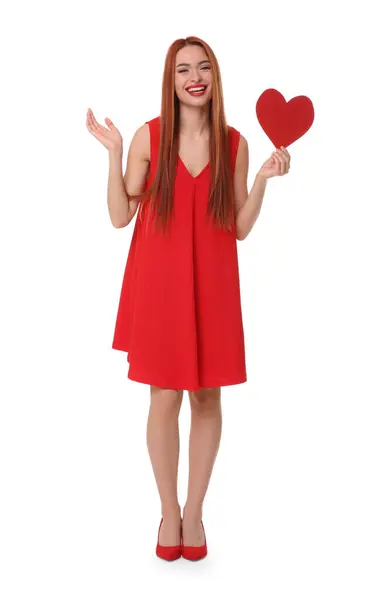 Mujer Joven Vestido Rojo Con Corazón Papel Sobre Fondo Blanco Imagen De Stock