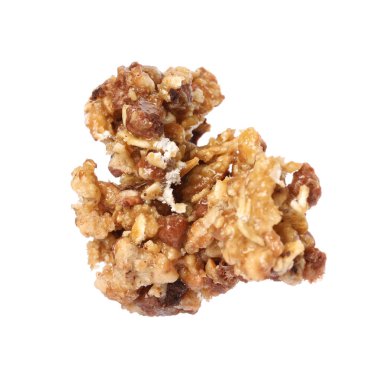 Bir parça lezzetli granola çubuğu beyaza izole edilmiş.