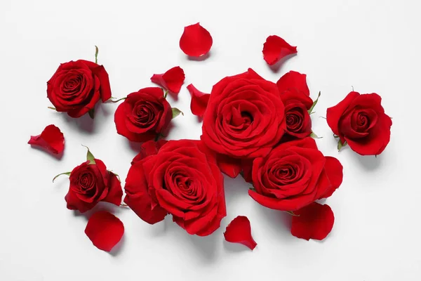 Όμορφα Κόκκινα Τριαντάφυλλα Και Πέταλα Λευκό Φόντο Επίπεδη Lay — Φωτογραφία Αρχείου