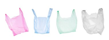 Beyaz arkaplanda boş plastik torbalar, koleksiyon