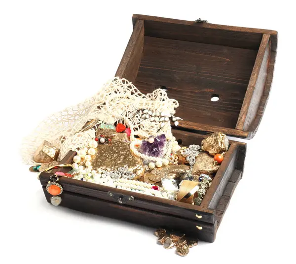 Wooden Chest Treasures Net Isolated White Stock Image