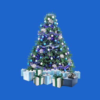 Mavi arka planda bir sürü hediye kutusu olan güzel bir Noel ağacı
