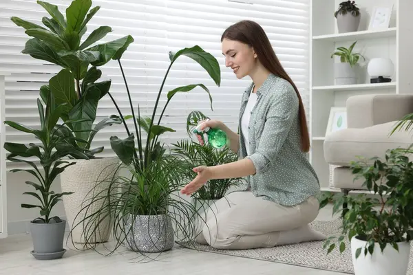 Όμορφη Νεαρή Γυναίκα Ψεκάζει Πράσινα Φυτά Στο Σπίτι — Φωτογραφία Αρχείου