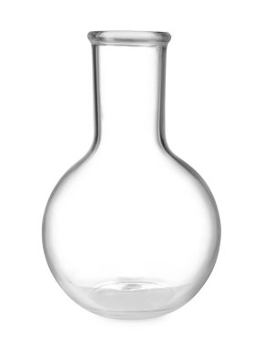 Beyaza izole edilmiş boş bir laboratuvar şişesi.