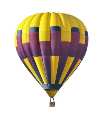 Beyaz arka planda hasır sepeti olan parlak sıcak hava balonu