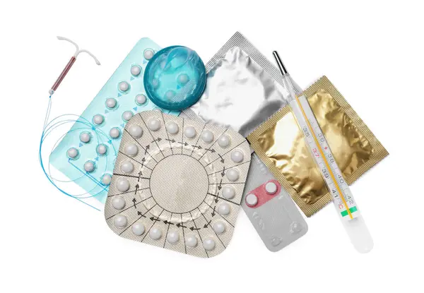 Pillole Contraccettive Preservativi Dispositivo Intrauterino Termometro Isolati Bianco Vista Dall — Foto Stock