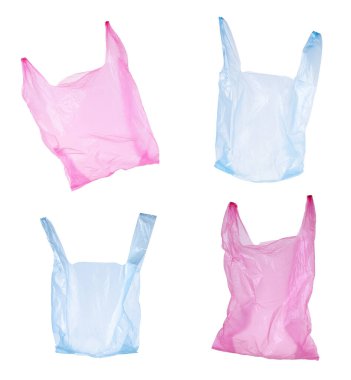 Beyaz arkaplanda boş plastik torbalar, koleksiyon